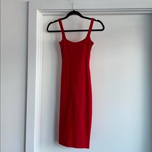 Sexy red fitted midi dress with back slit